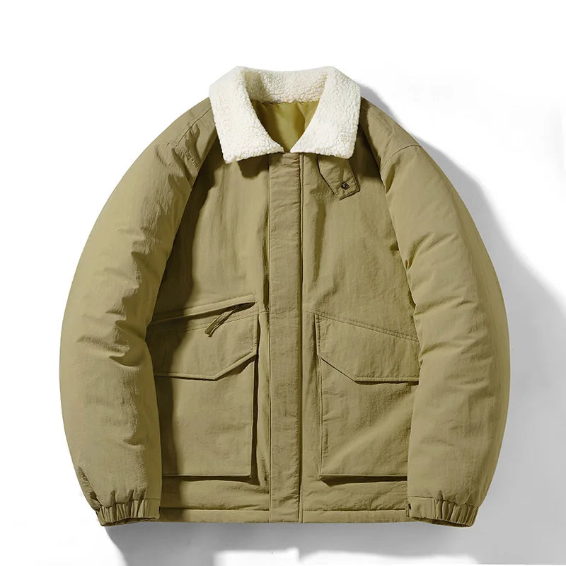 Oversized boxy sherpa puffer jacket with white sherpa collar in muted tones, unisex urban cold-weather style