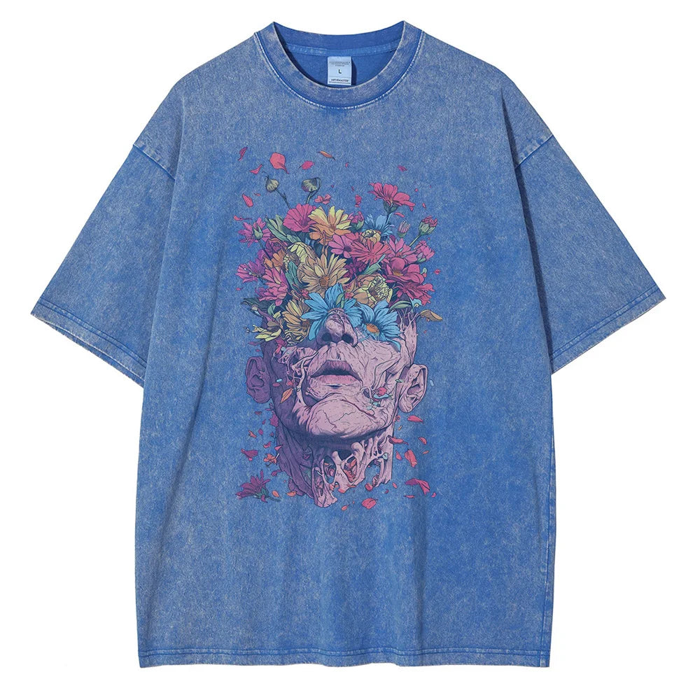 Men's white oversized graphic tee with intricate Titan Bloom floral print, premium breathable cotton