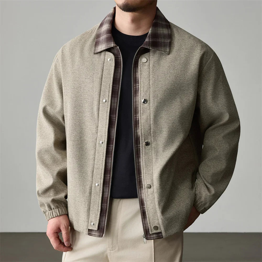 Cropped boxy workwear jacket with flannel contrast collar in minimalist everyday style