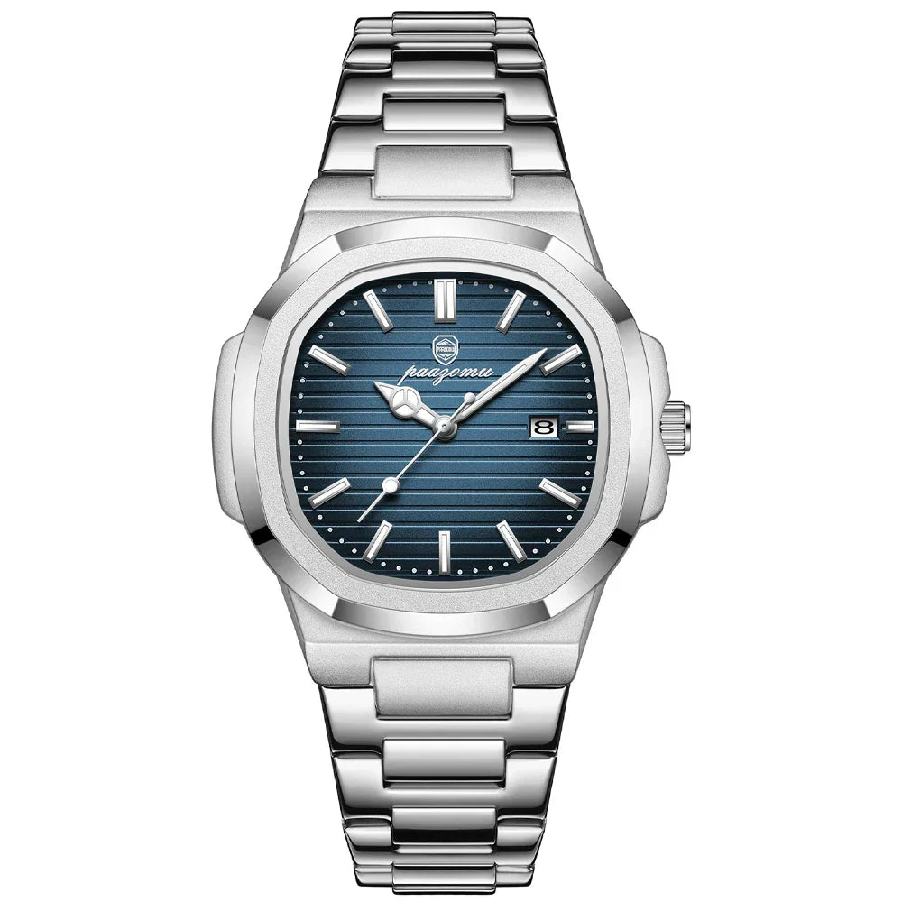 Men's stainless steel quartz watch with luminous hands, water-resistant all-metal bracelet, boardroom-ready