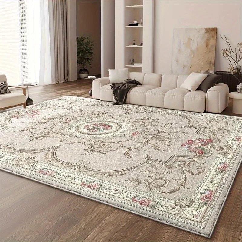 European-style luxury floral area rug in soft flannel, non-slip large floor mat for living room
