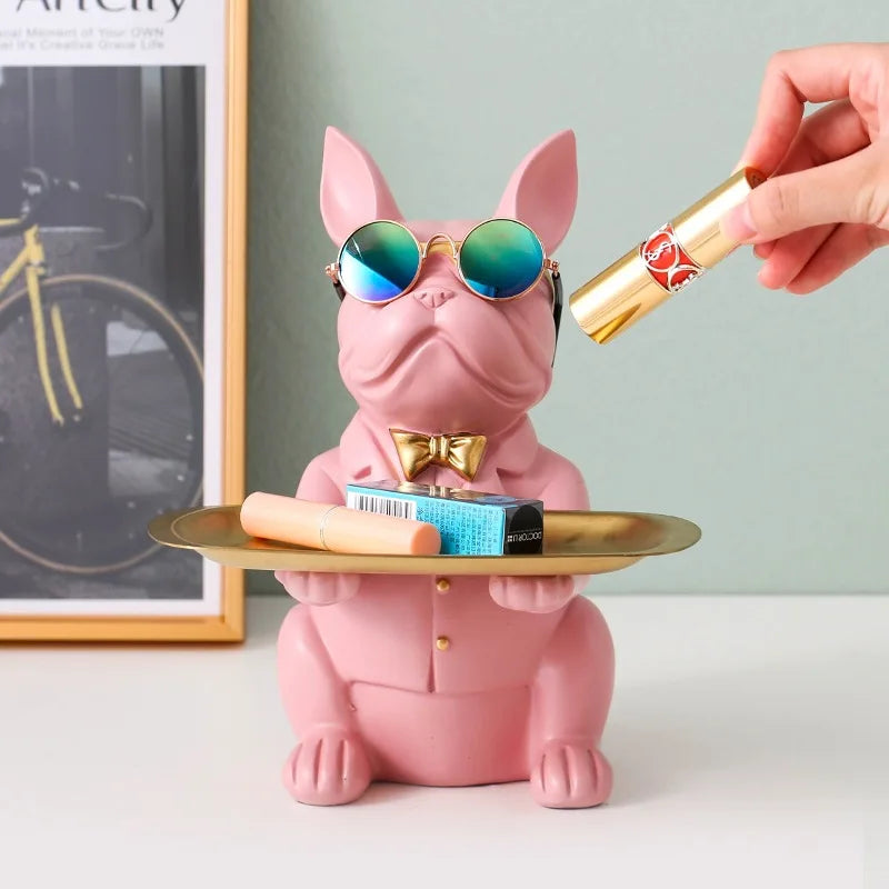 Bulldog figurine tray with gold bow tie, resin desk organizer, whimsical luxury home decor accent