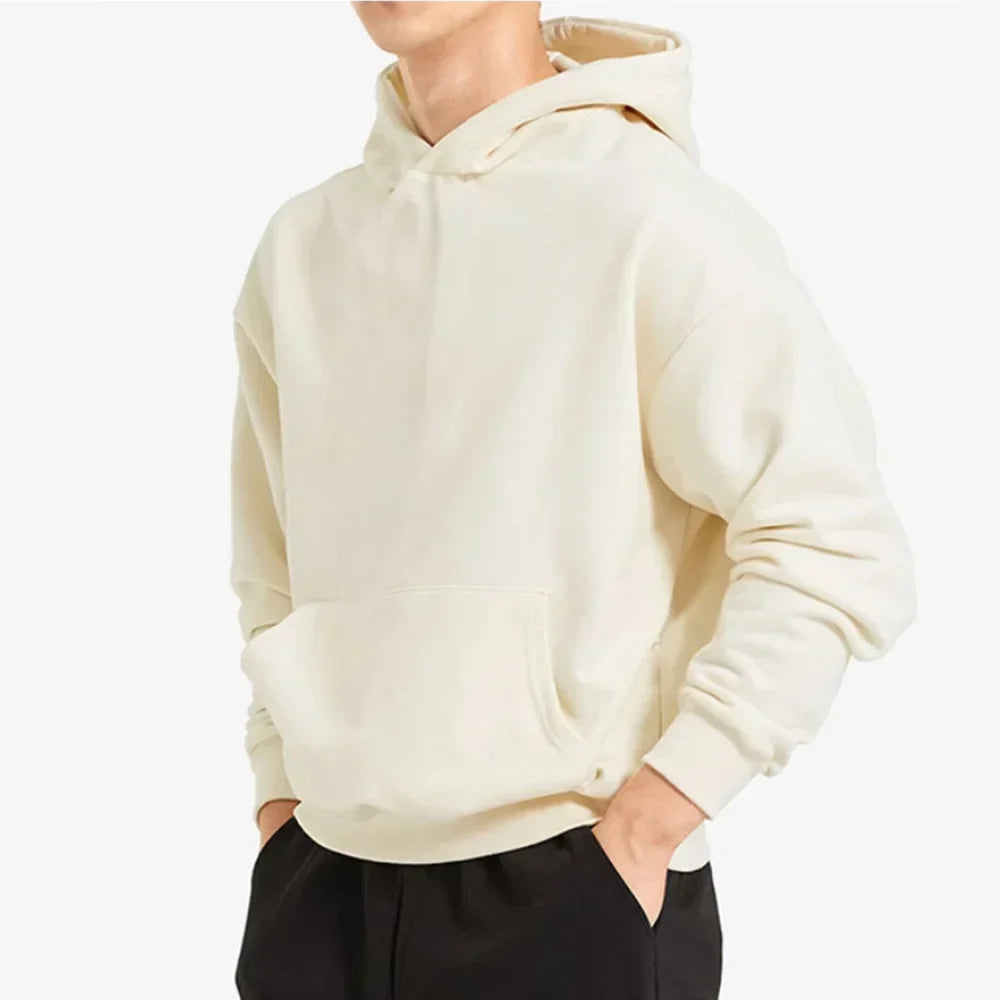 Men's casual loose fit cotton hoodie in neutral tone with breathable fabric for everyday comfort