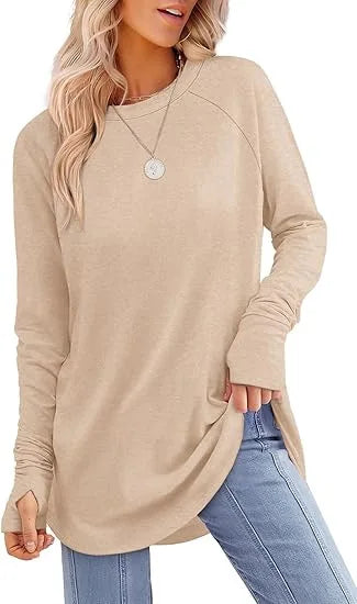 Women's relaxed fit tunic top in soft cotton blend with thumb hole cuffs for everyday comfort