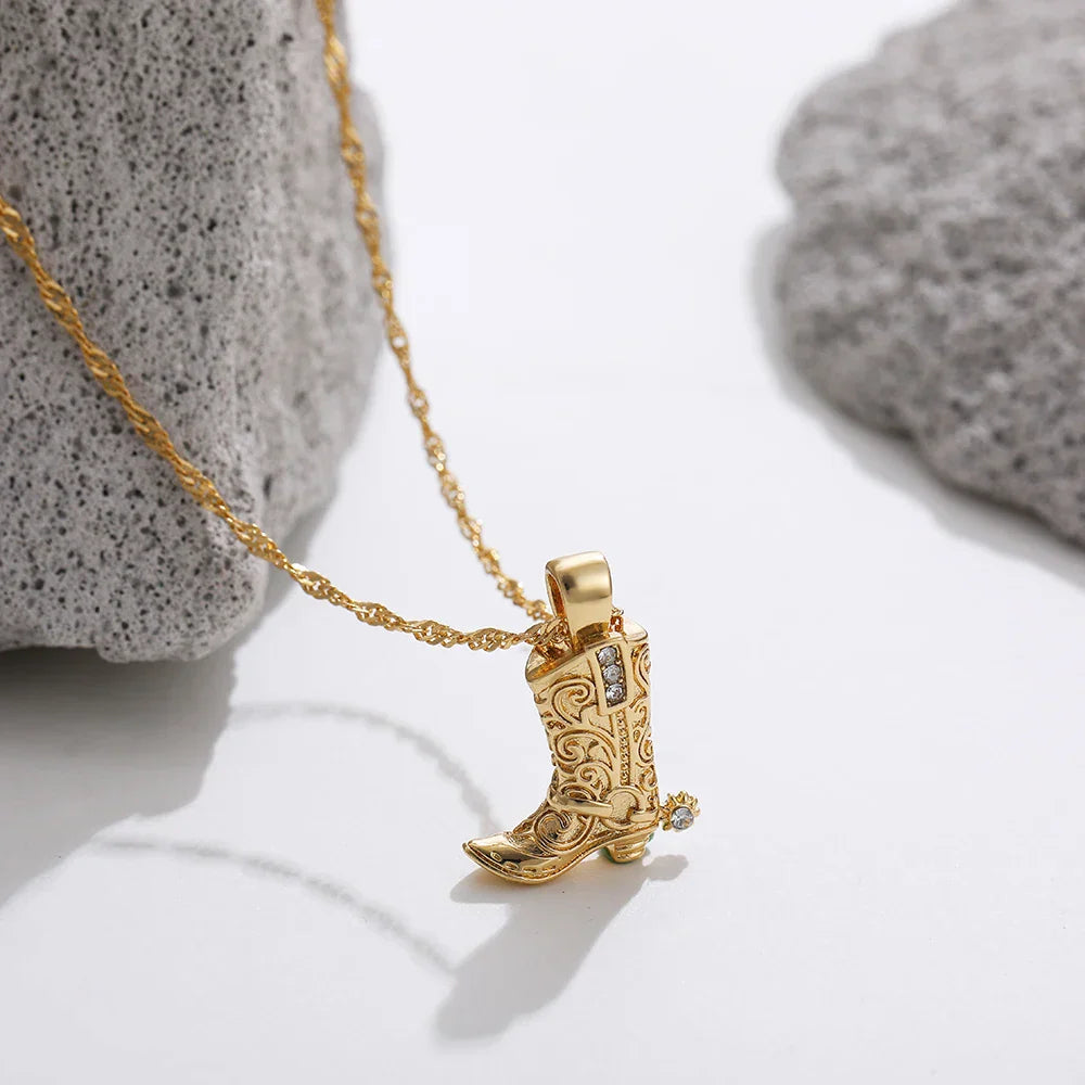 Vintage metal cowgirl boot pendant necklace, 0.9in charm on 17in chain, western flair