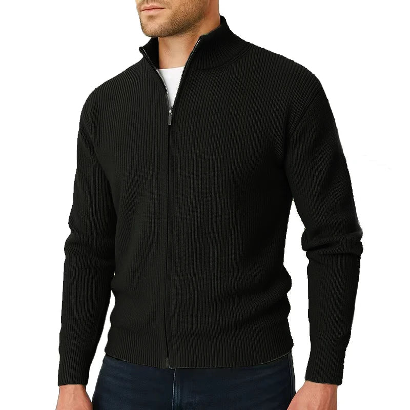 Unisex ribbed knit zip-up sweater with high collar, smart casual essential in neutral tones