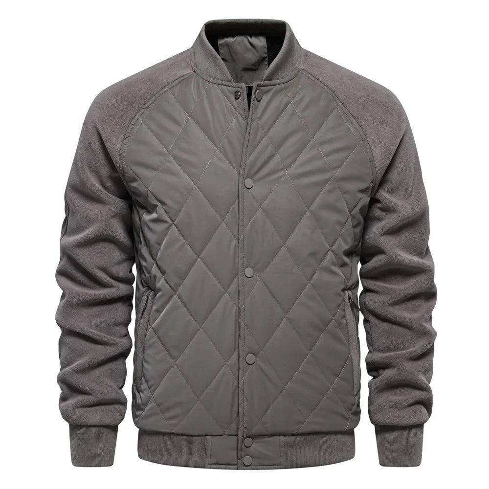 Unisex quilted bomber jacket diamond-stitched front suede sleeves insulated all-season style
