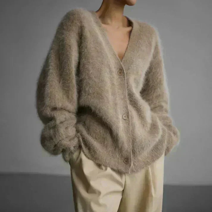 Women's fuzzy knit button cardigan relaxed fit deep V-neck plush soft cozy layering essential