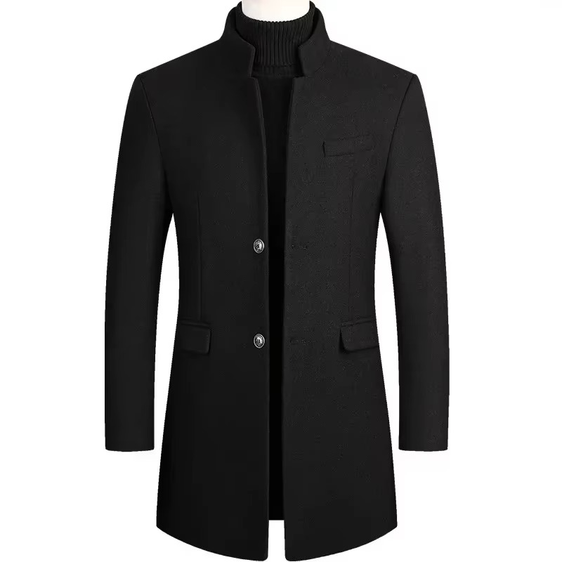 Men's burgundy wool blend trench coat medium-long cut with thickened lining for autumn winter warmth