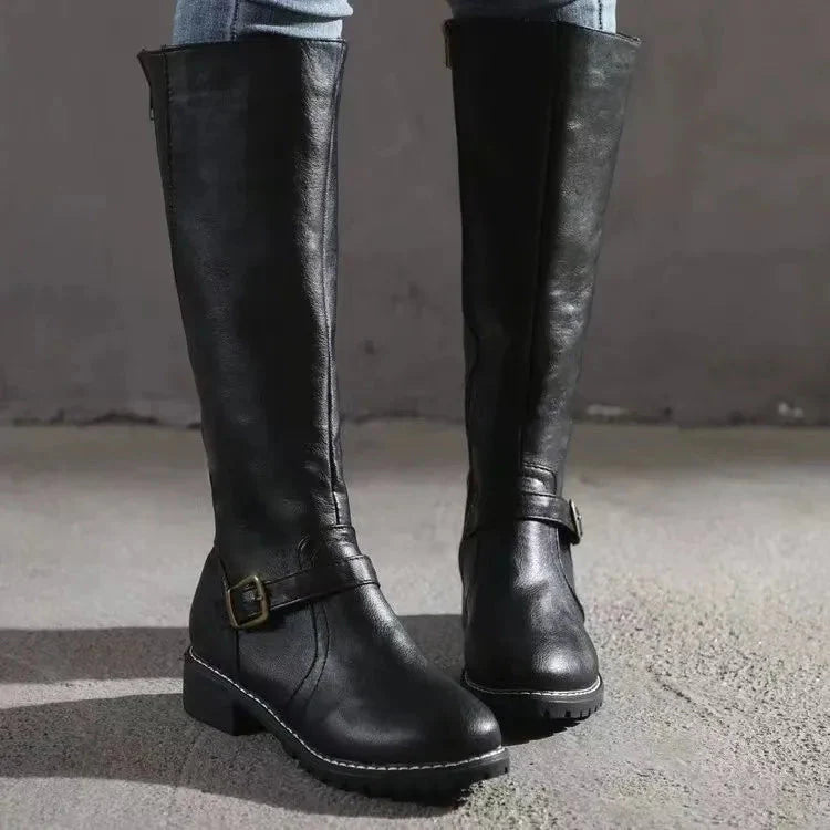 Women's black knee-high boots with elegant buckle detail, all-day comfort support, modern wardrobe style