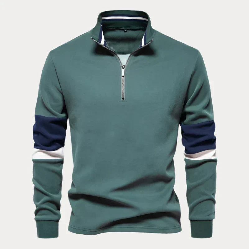 Men's navy blue half-zip sweater with stand-up collar and bold striped sleeves for modern city style