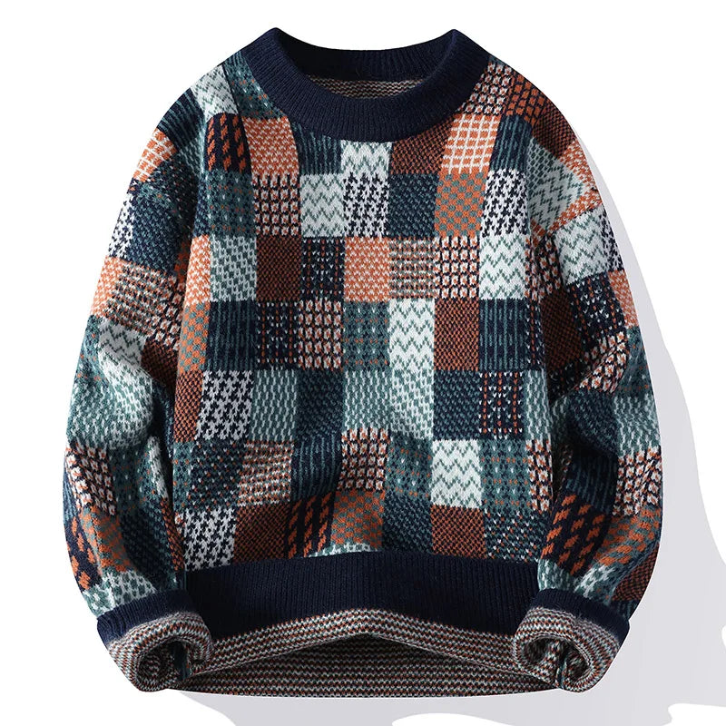 Women's patchwork knit sweater crew neck vintage multi-texture cozy pullover in warm mixed tones