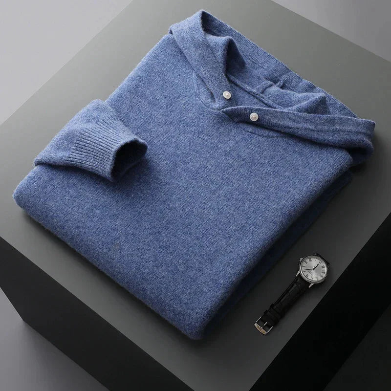 Men's relaxed fit wool hoodie in neutral tone, cozy hooded pullover with laid-back silhouette