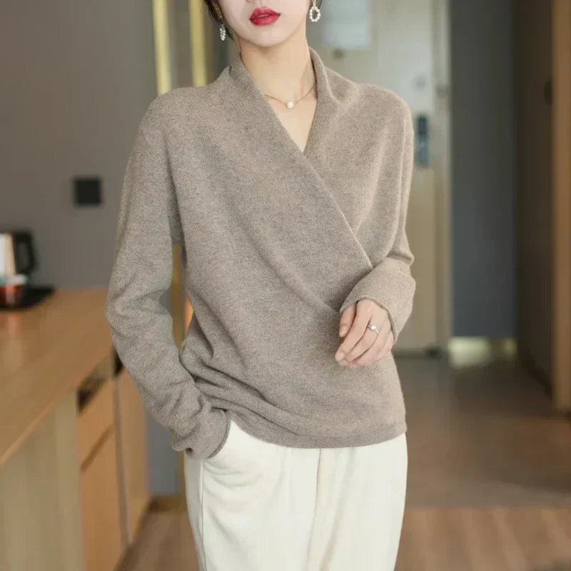 Women's lightweight wrap neck knit top in spring tones, flattering silhouette for everyday chic layering