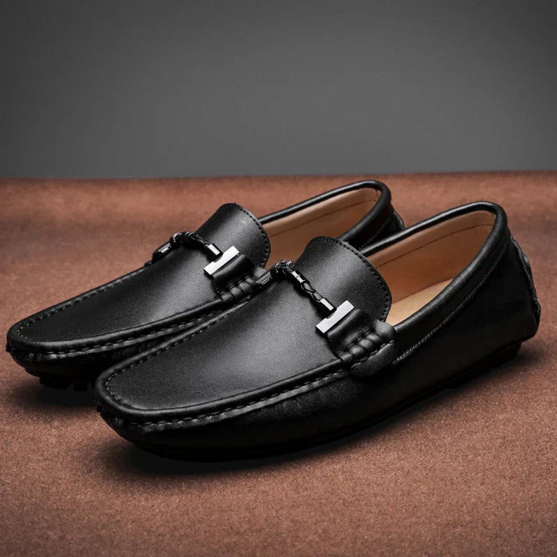 Men's black genuine Italian leather loafers slip-on dress shoes with non-slip outsole