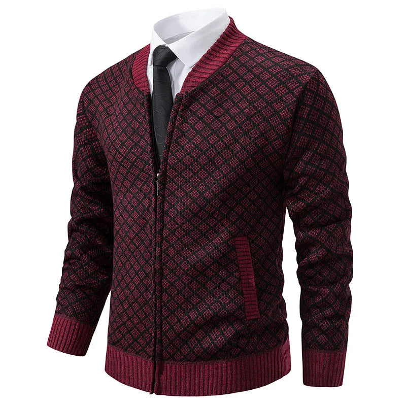 Men's navy blue tailored fit full-zip cardigan jacket with premium textured knit finish