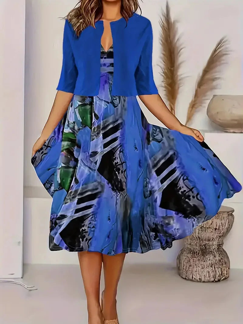 Women's elegant two-piece midi dress blazer set in versatile summer style with polished office-ready coordination