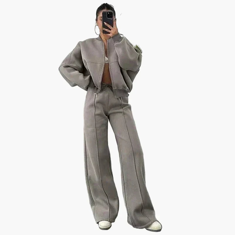 Women oversized casual two-piece suit wide pants zip-up jacket minimalist urban streetwear set