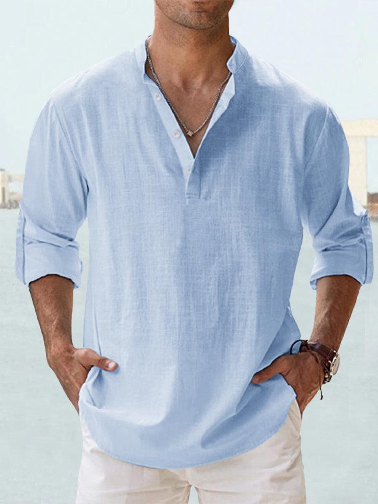 Men's relaxed fit grandad collar shirt long sleeves sustainable lightweight fabric casual everyday