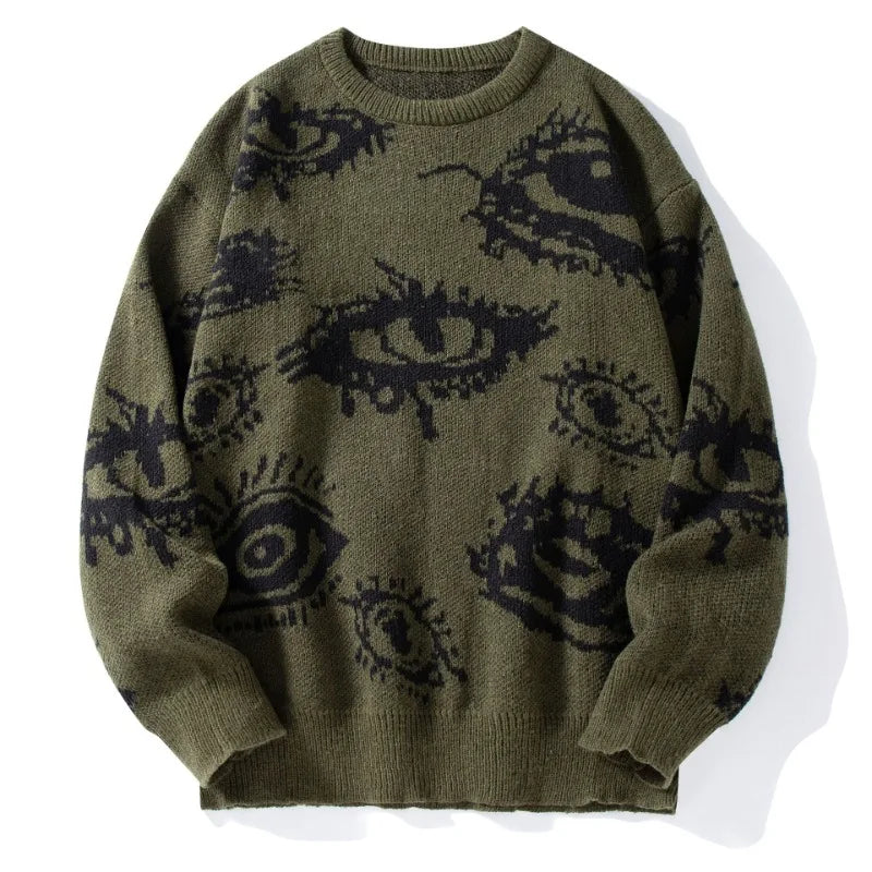 Black relaxed fit knit sweater with bold abstract eye pattern, streetwear style soft comfort