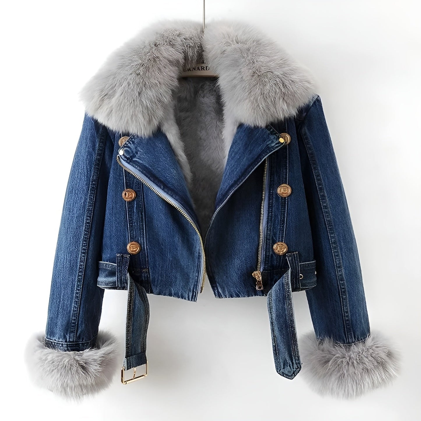 Women's blue denim biker jacket with faux fur collar, cuffs, and removable faux fur lining