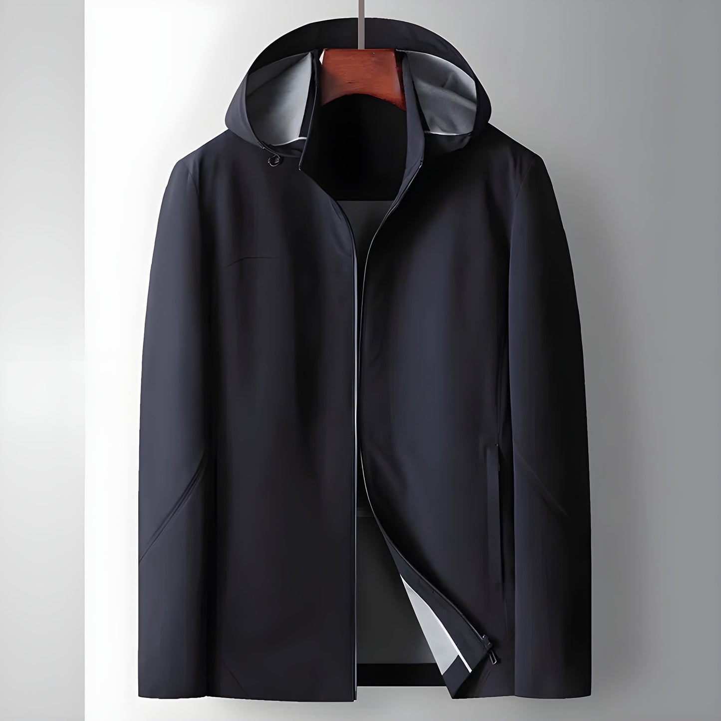 Men's beige lightweight insulated windbreaker with polished smooth finish and zip-up closure