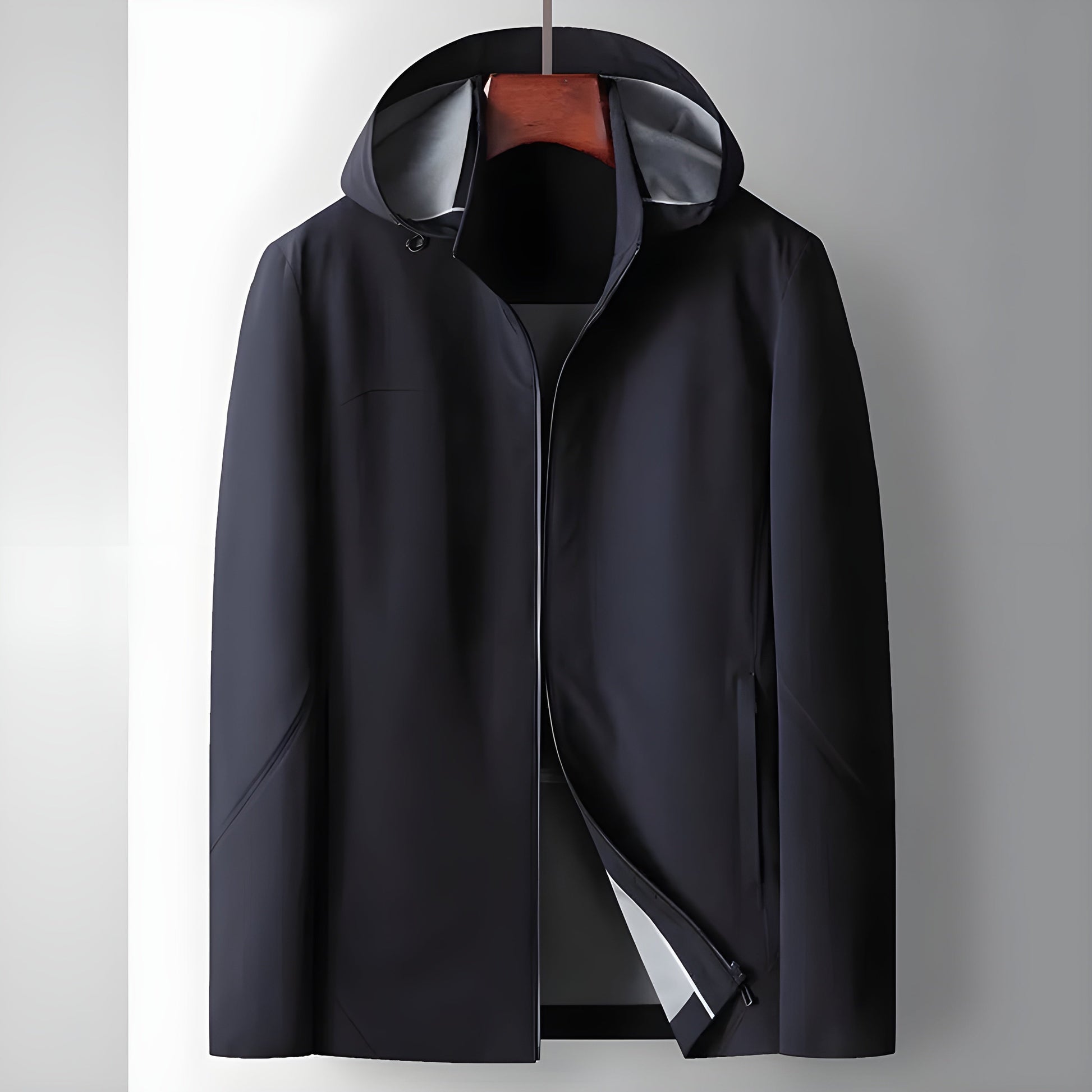 Men's beige lightweight insulated windbreaker with polished smooth finish and zip-up closure