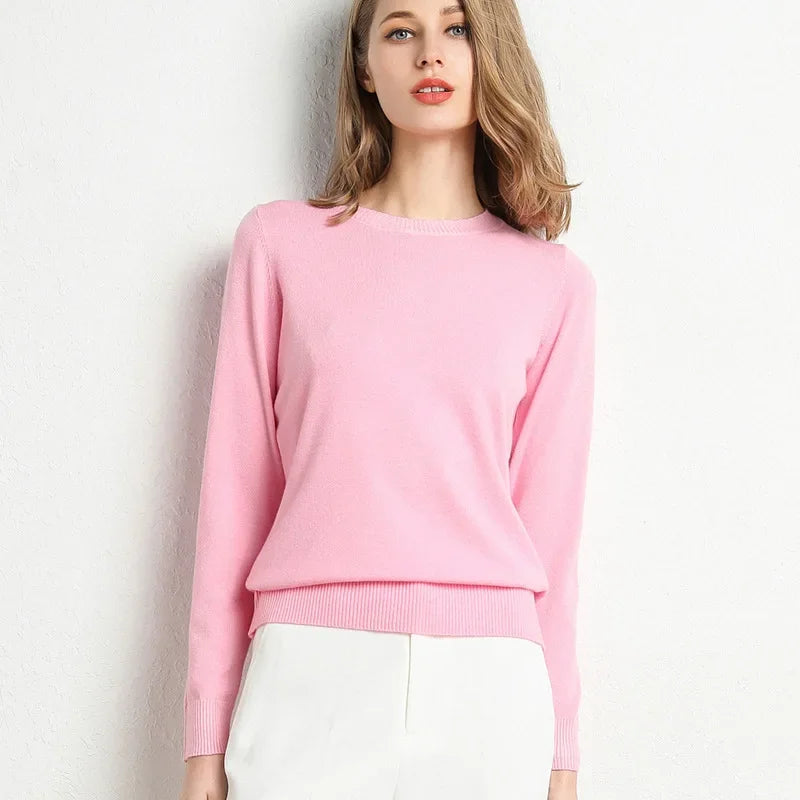 Women's slim fit ribbed knit wool blend sweater with O neckline in cozy everyday essential style