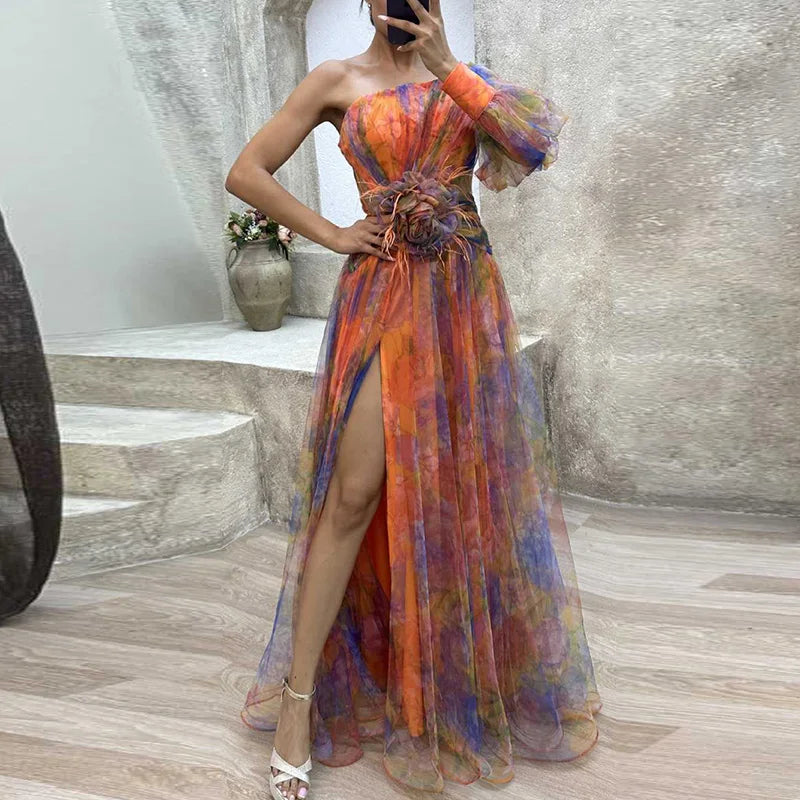 Floral tulle off-shoulder gown with airy layered skirt, fitted bodice, elegant spring wedding dress