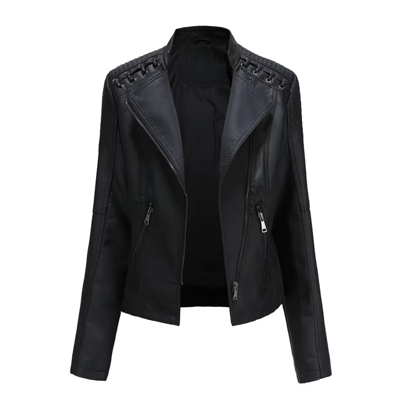 Women's black PU leather motorcycle jacket slim fit short silhouette with bold zipper details