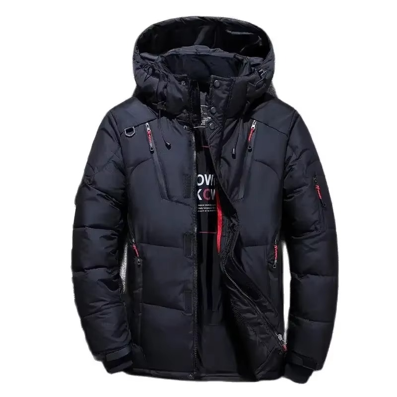 Men's white duck down hooded parka, weatherproof shell, extreme cold-weather insulated winter coat