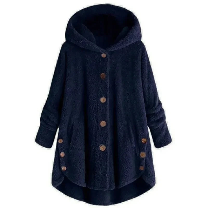 Women's hooded fleece jacket relaxed fit button-front plush texture with functional pockets