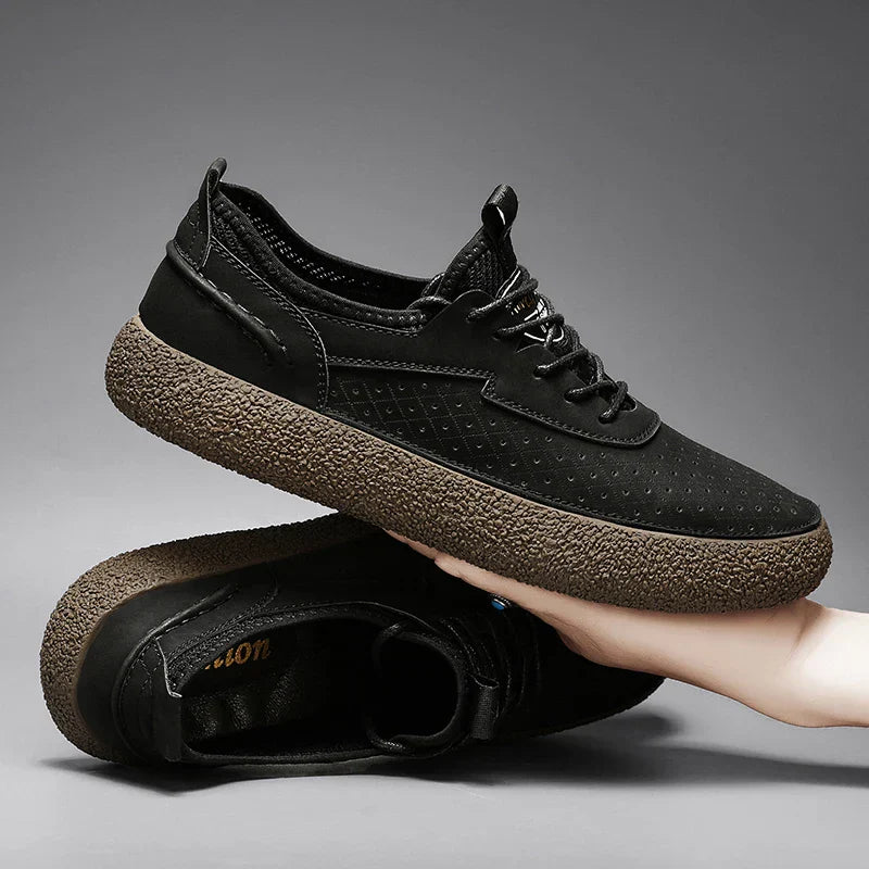 Men genuine leather shoes with perforated breathable design and non-slip rubber sole in neutral tone