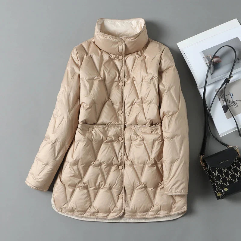 Women's quilted down jacket with stand collar, button front pockets, hip-length regular fit