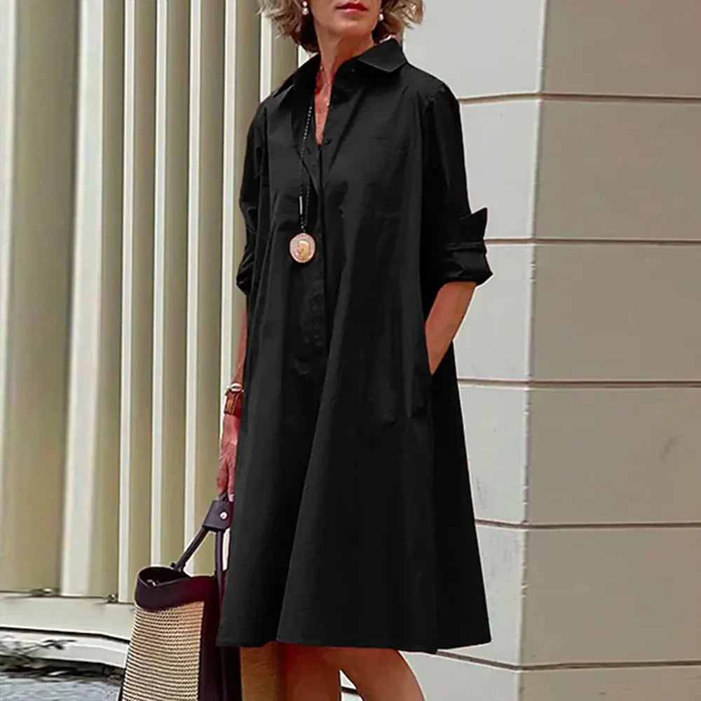 Women's navy blue A-line shirt dress knee-length button-front long sleeves elegant versatile