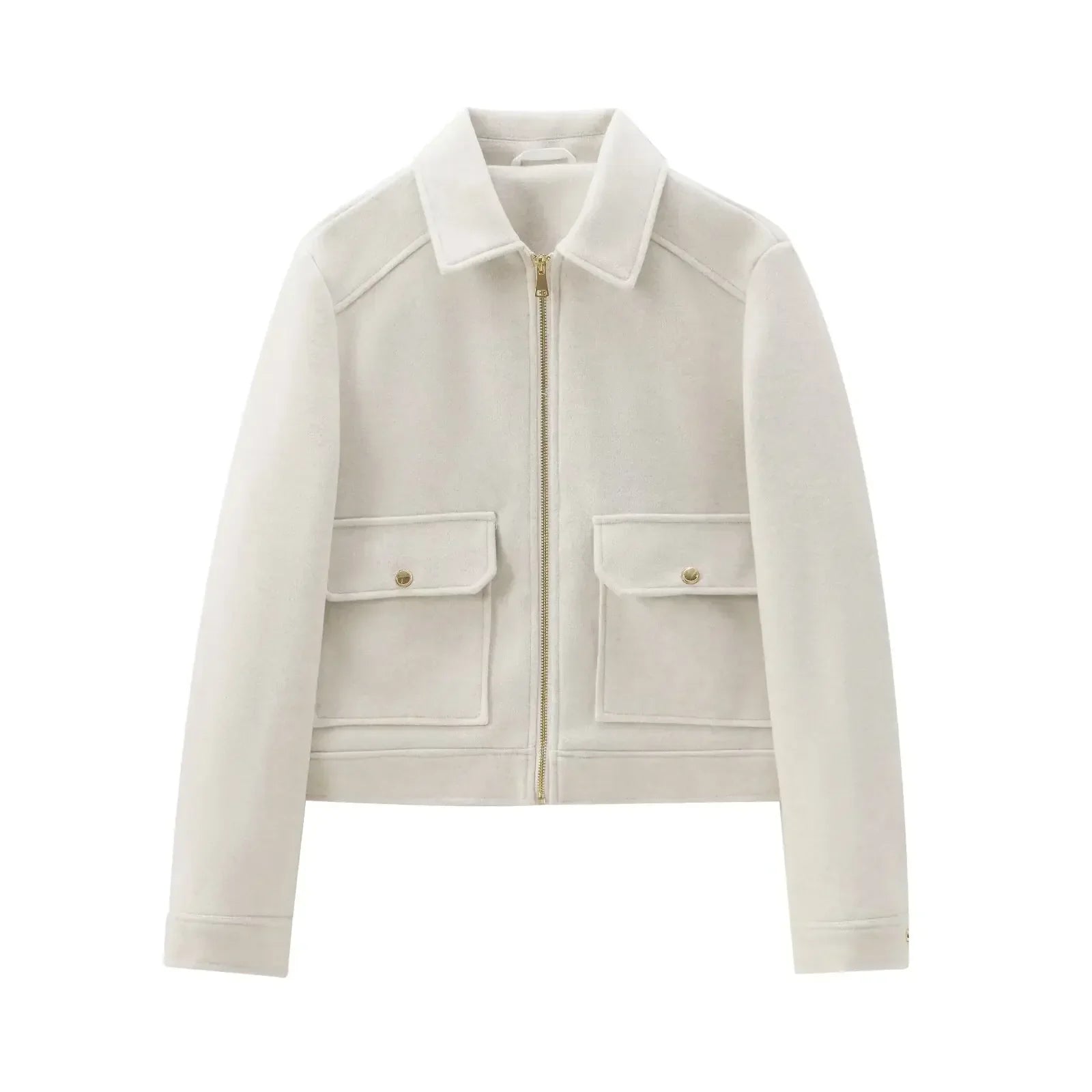 Women's cropped bomber jacket with lapel collar, zip front, flap pockets, sleek casual outerwear