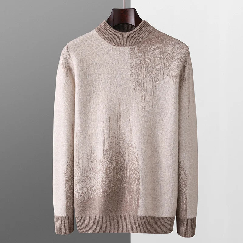 Modern abstract knit sweater with ribbed high neckline, subtle gradient pattern, and sleek slim silhouette