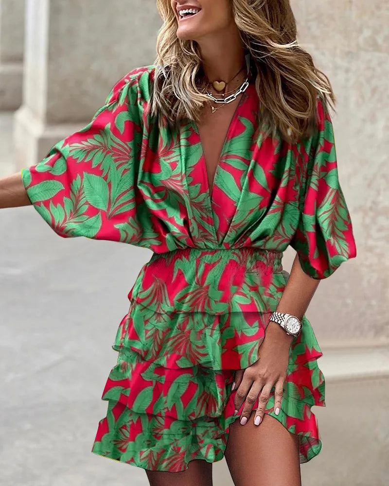 Luna | Women's Printed Ruffle Mini Dress V-Neck Smocked Waist Boho Dress