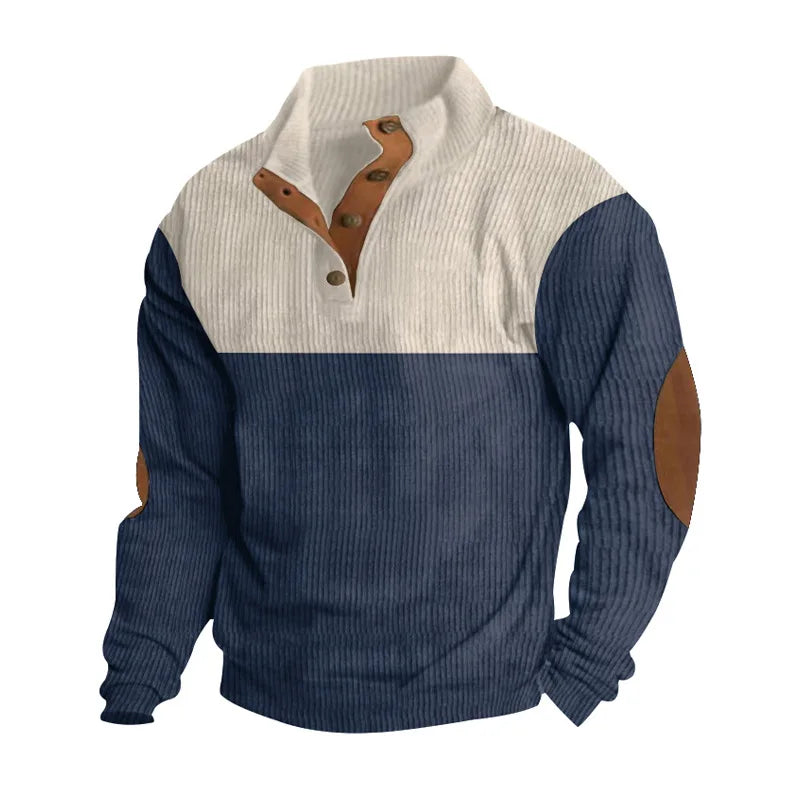 Two-tone button-up men's knit sweater with elbow patches, contrasting panels, modern tailored fit