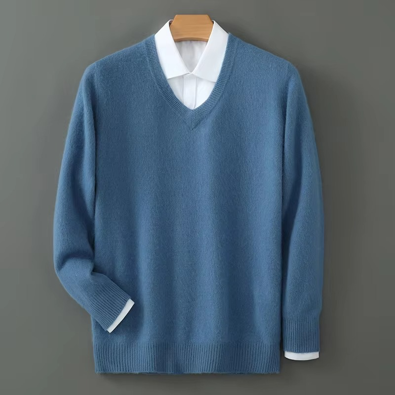 Men's lightweight cashmere blend V-neck sweater relaxed fit plus size winter knit pullover