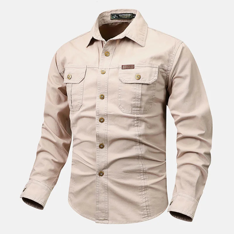 Men's olive utility button-down shirt with rugged fabric, multiple chest pockets, and relaxed outdoor fit