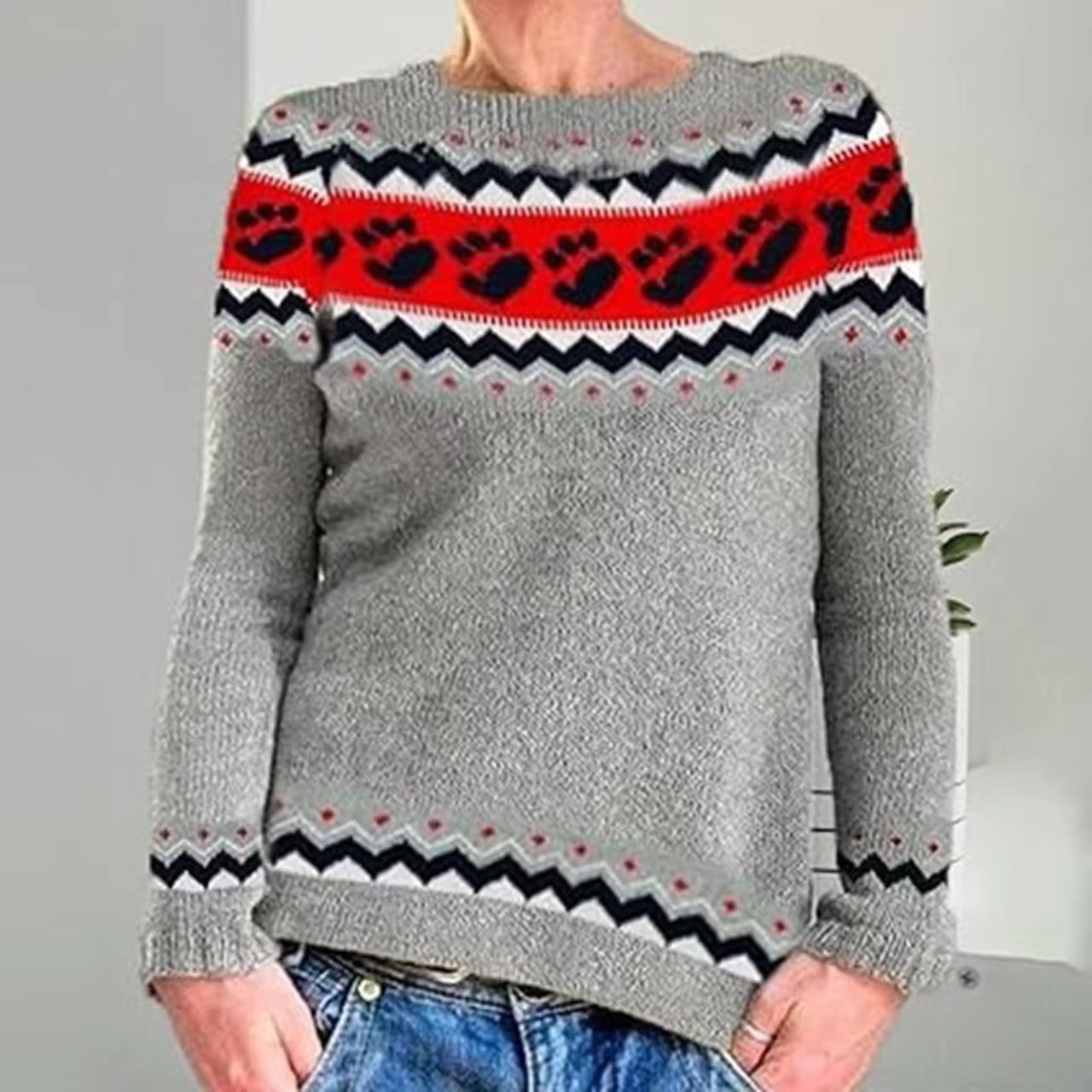 Women's loose fit color block pullover sweater with round neckline, casual knit style in multicolor blocks