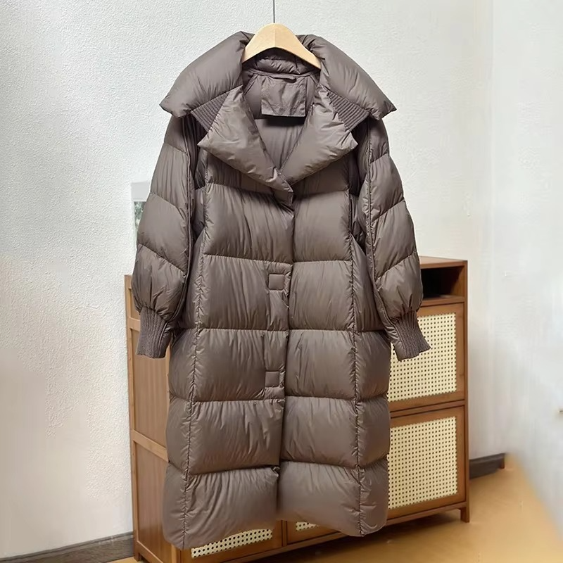 Women's oversized long down coat winter outerwear, premium white duck down fill, cozy stylish warmth