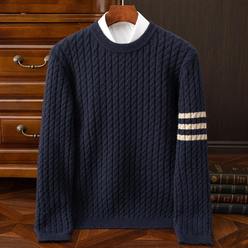 Men's ivory handknit cashmere sweater with ridged texture, cozy slim fit for refined layering