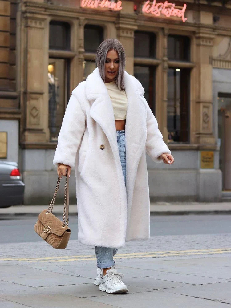 Women's fuzzy plush longline coat oversized relaxed fit mid-calf length teddy texture winter outerwear