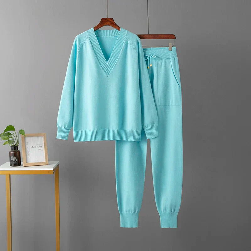 Women's beige two-piece casual set with coordinated top and pants, figure-flattering luxurious everyday outfit