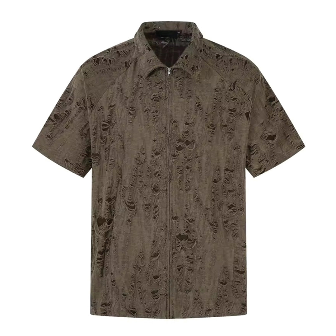 Men's debris pattern cotton blend shirt with erosion texture, zip closure, regular fit urban style