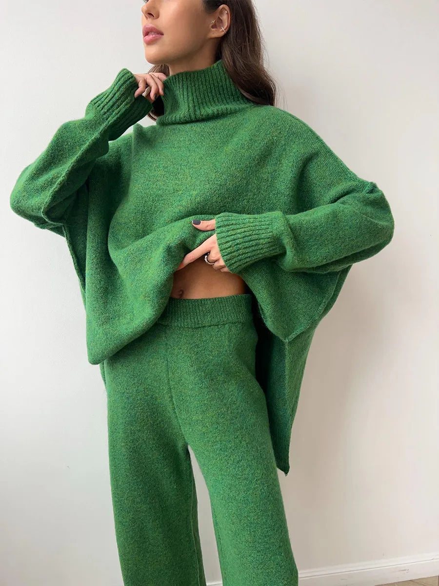 Women's fluffy turtleneck loungewear set with wide-leg pants, ultra-soft thick knit, cozy two-piece