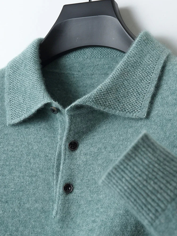 Men's merino wool polo shirt tieless ribbed collar long sleeve breathable warmth refined fit