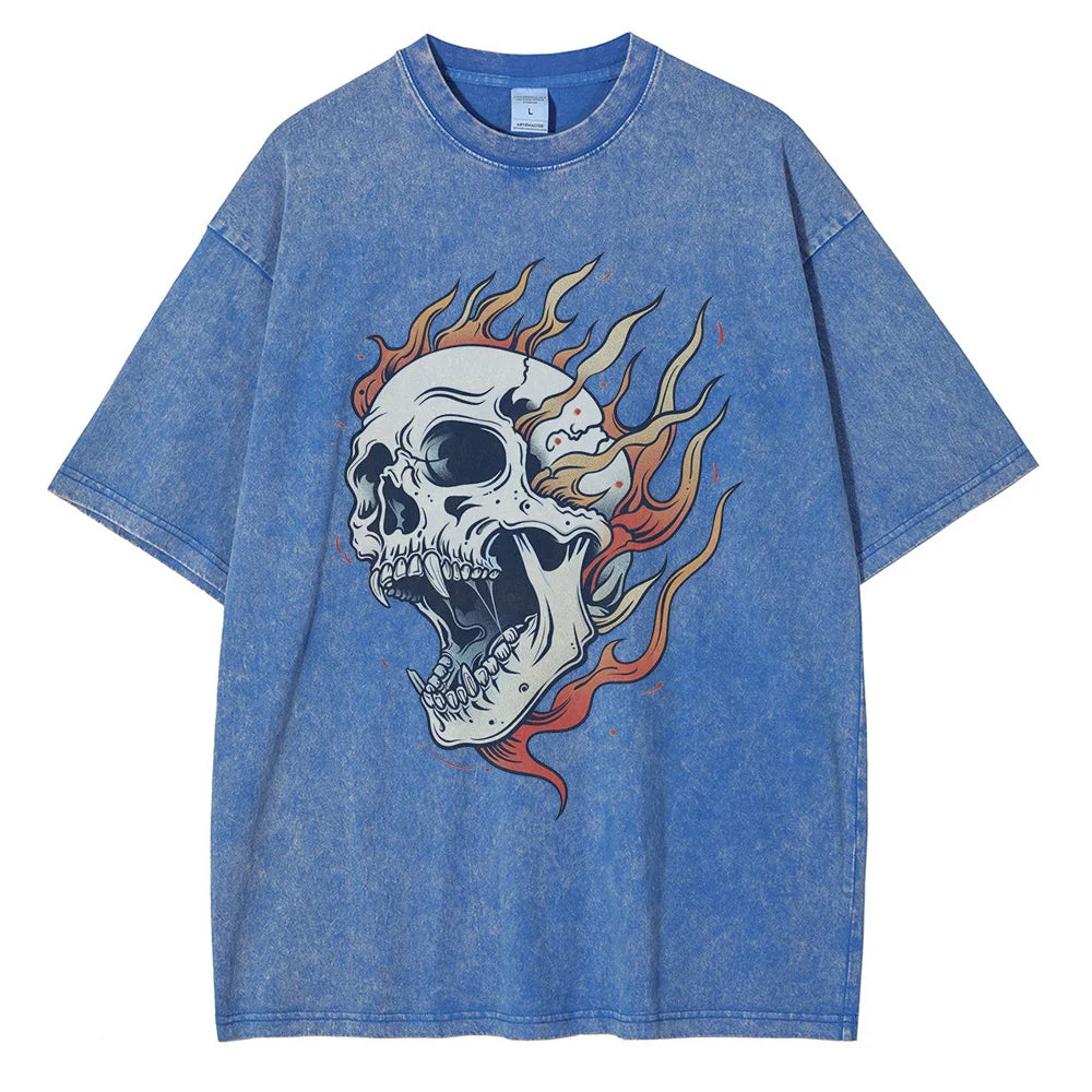 Bone white acid wash oversized heavyweight cotton tee with bold flame skull graphic for men
